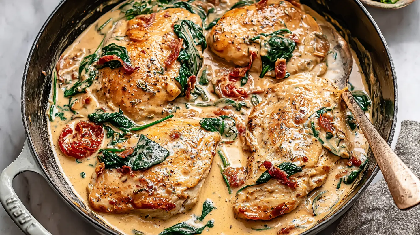 A full plate of creamy Tuscan chicken dinner, ready to be served.