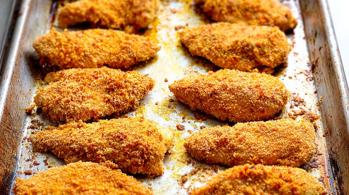 A plate showcasing a crispy oven-baked chicken dinner with golden-brown skin.