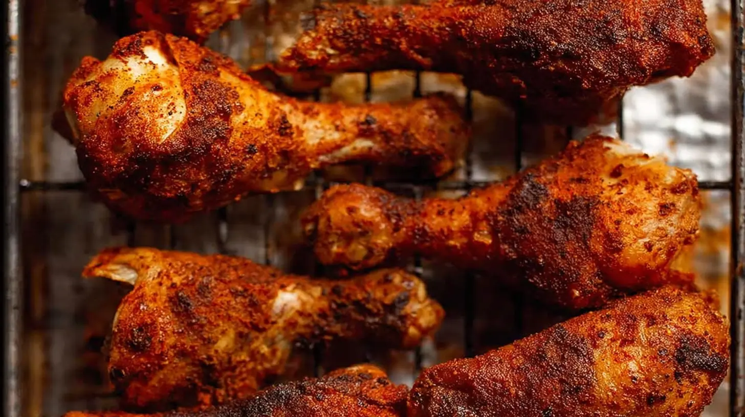 Deliciously crispy oven-baked chicken drumsticks artfully arranged on a platter.