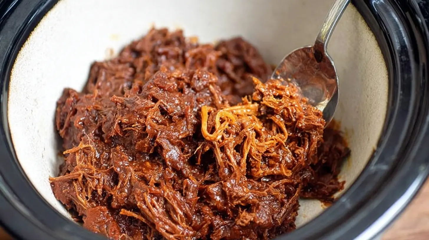A serving of crockpot BBQ pulled beef, shredded and saucy.
