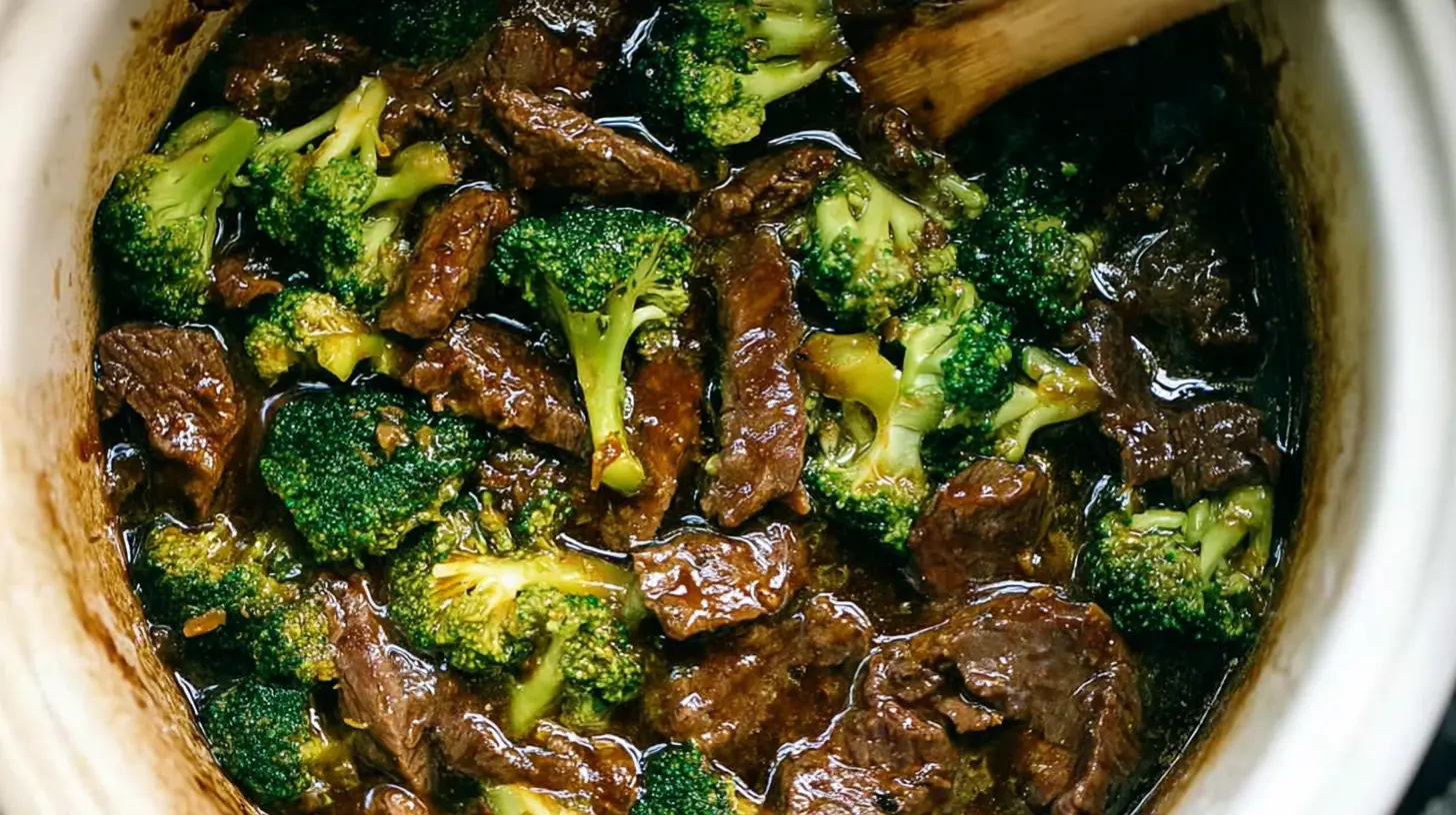 A slow-cooked crockpot beef and broccoli dish, ready to serve over rice.