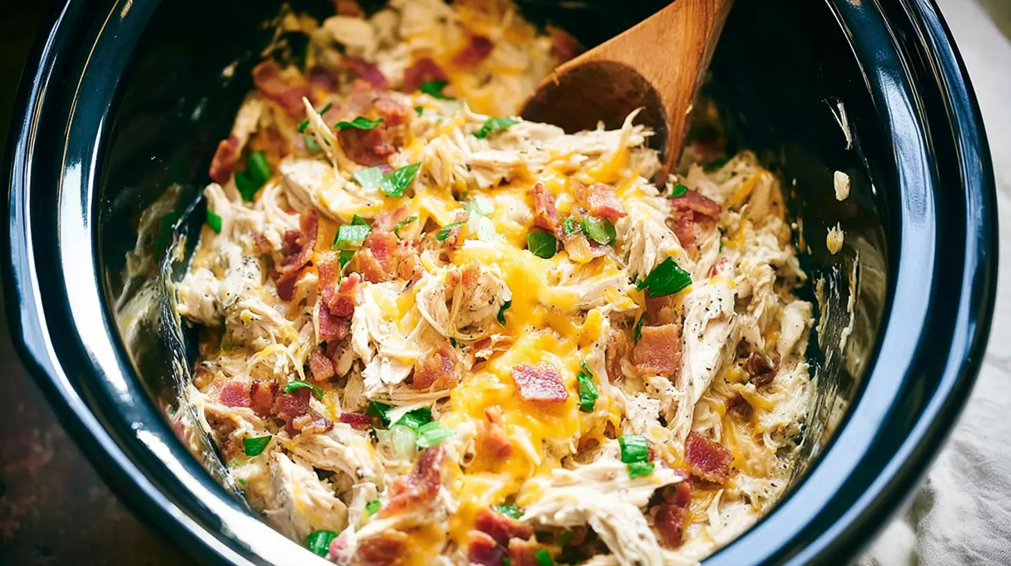 A bubbling crockpot chicken casserole in a slow cooker.