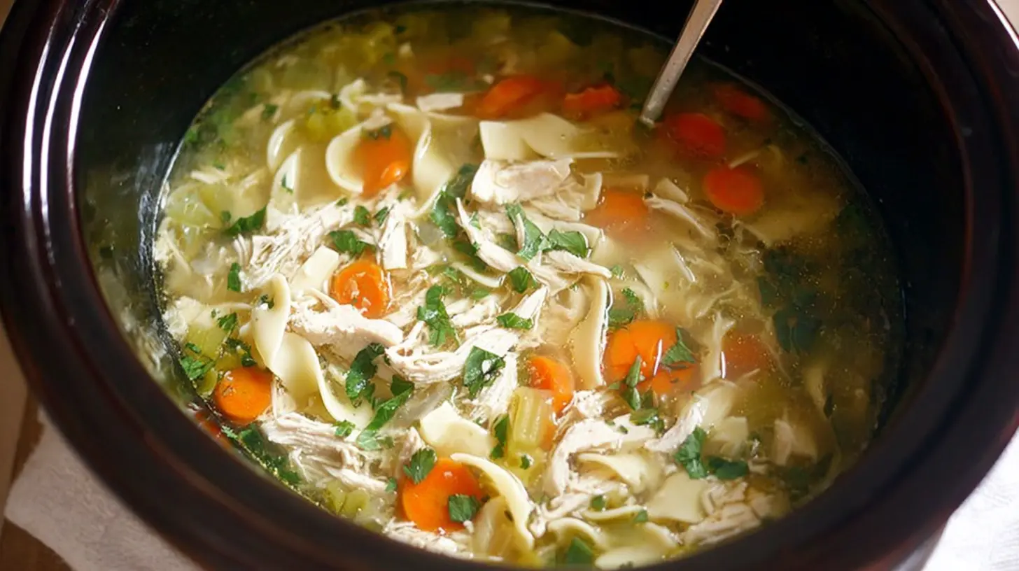 A comforting bowl of crockpot chicken noodle soup, steaming and ready to eat.
