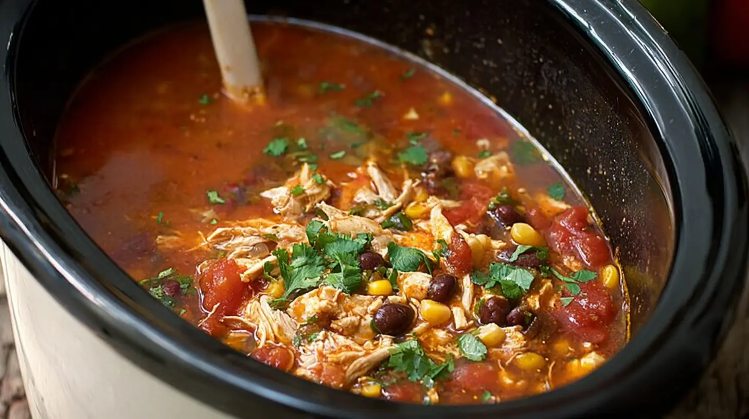 A bowl of Crockpot Chicken Tortilla Soup garnished with fresh cilantro and lime.