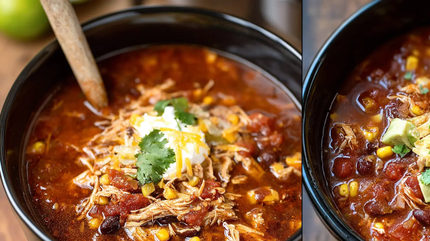 A bowl of Crockpot Chicken Tortilla Soup garnished with fresh cilantro and avocado