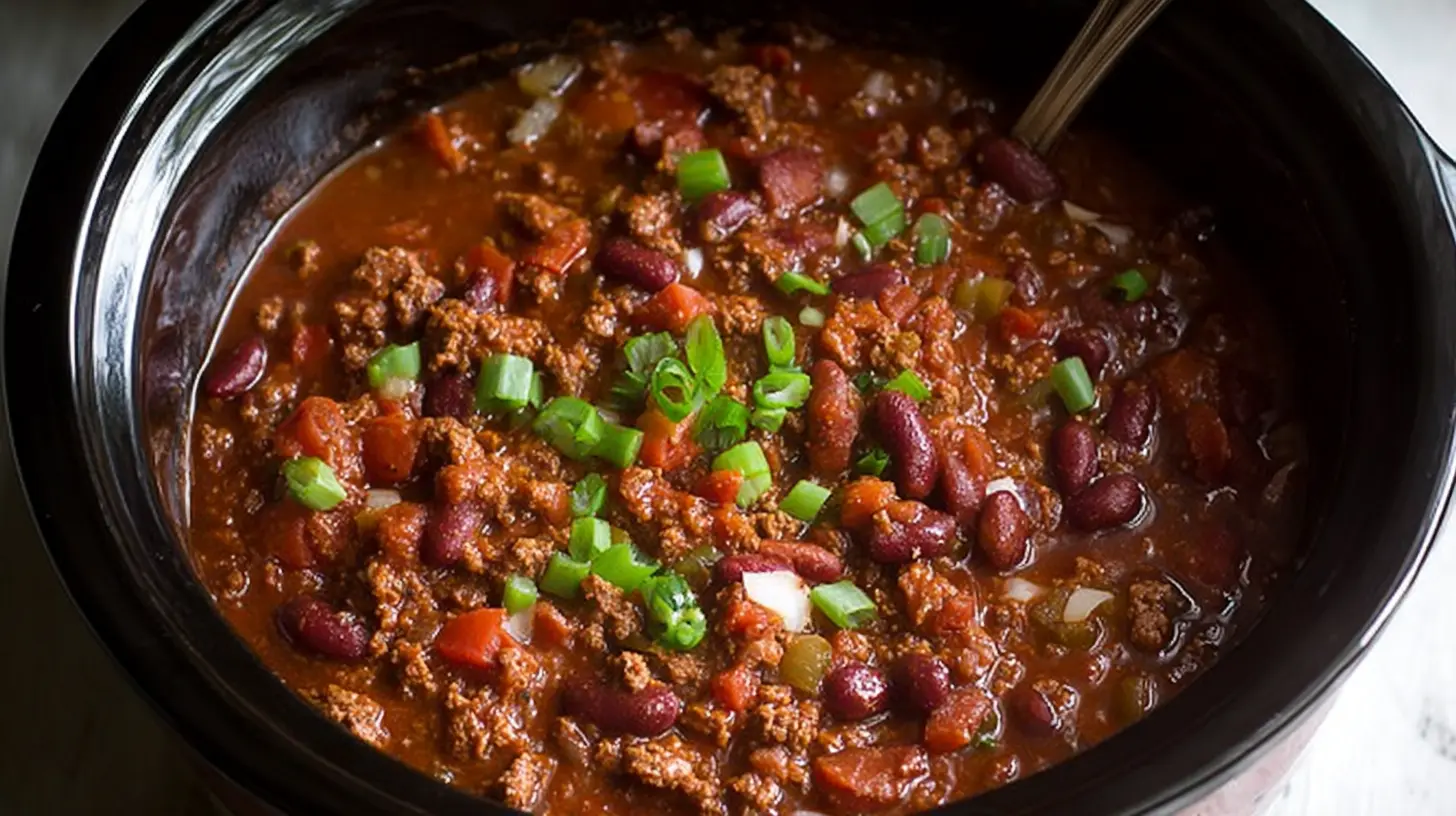 A pot of simmering crockpot chili, rich and smoky.