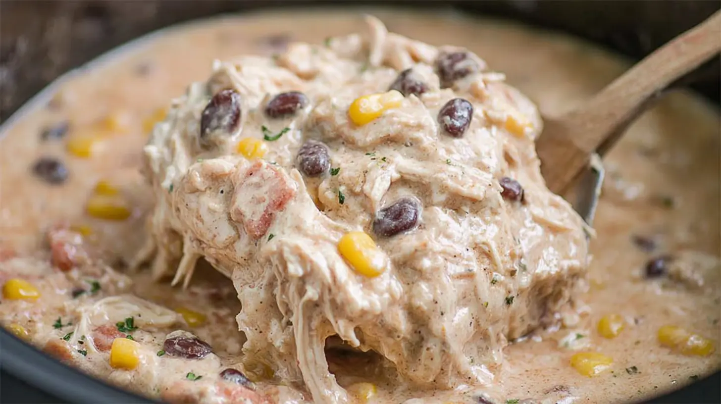 Creamy crockpot cream cheese chicken garnished with fresh herbs in a slow cooker.
