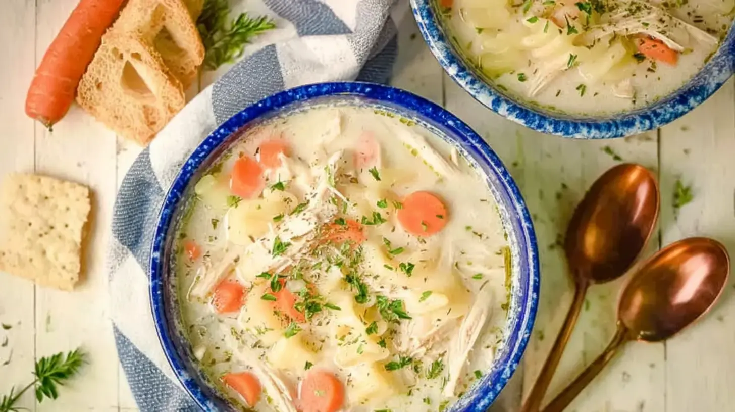 A bowl of crockpot creamy chicken soup garnished with fresh herbs and a drizzle of cream