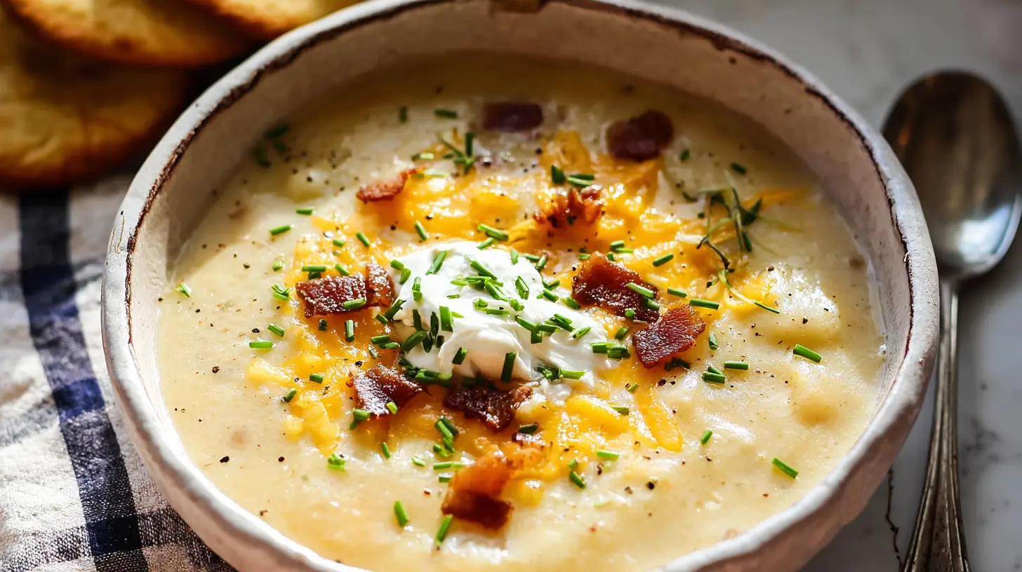 A steaming bowl of Crockpot Creamy Potato Soup garnished with chives.