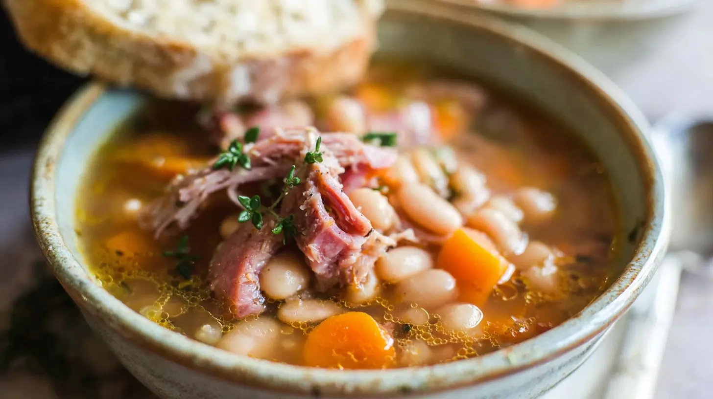 A cozy bowl of crockpot ham and bean soup, ready to be served.