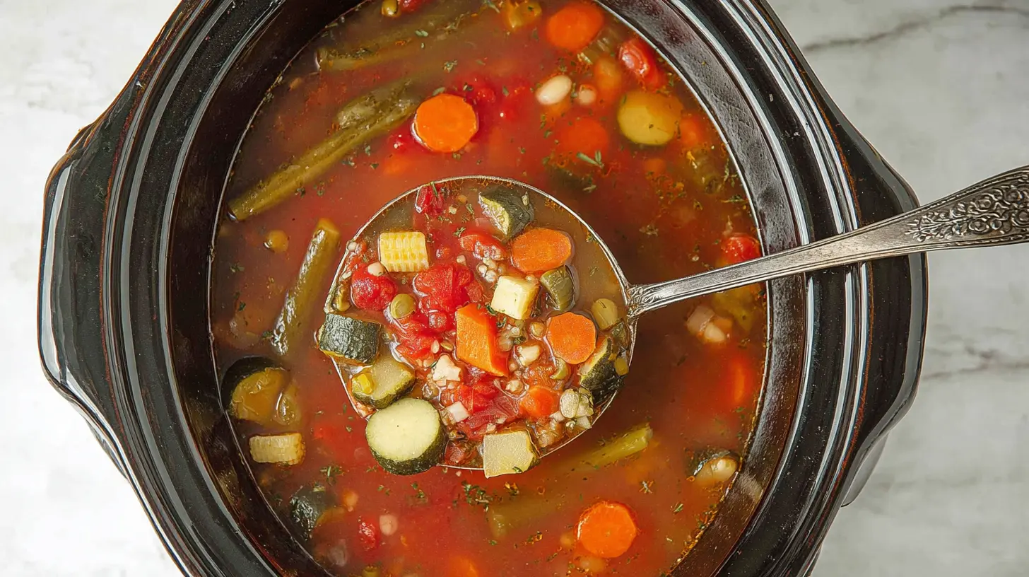 A hearty and healthy crockpot vegetable soup simmering in a slow cooker.