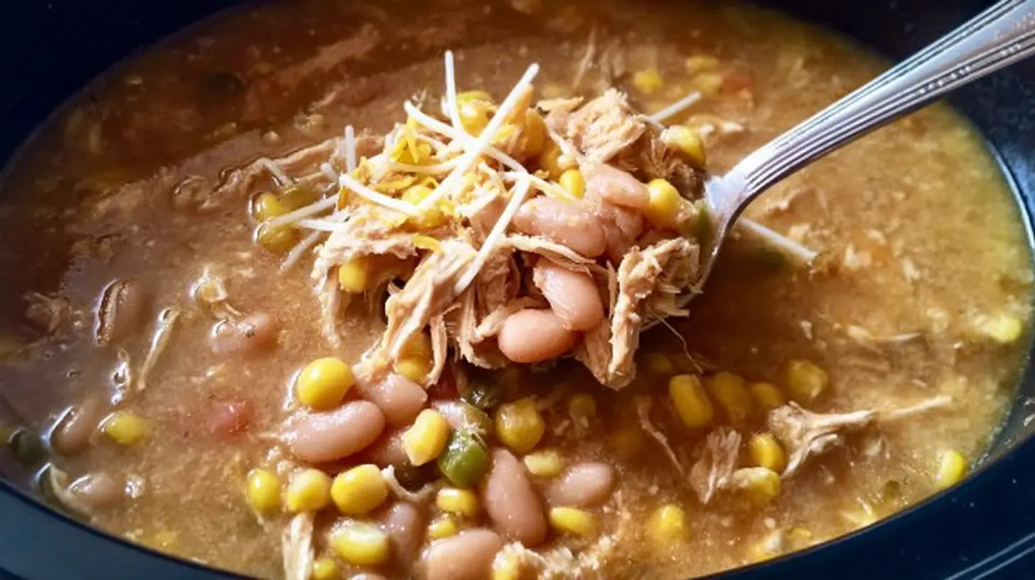 A bowl of Crockpot healthy white chicken chili garnished with fresh cilantro and lime.