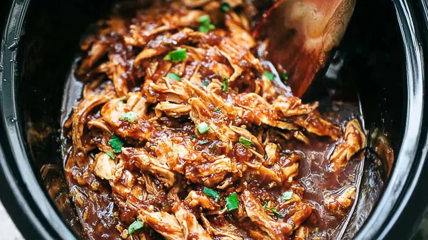 A crockpot full of honey garlic chicken, ready to serve