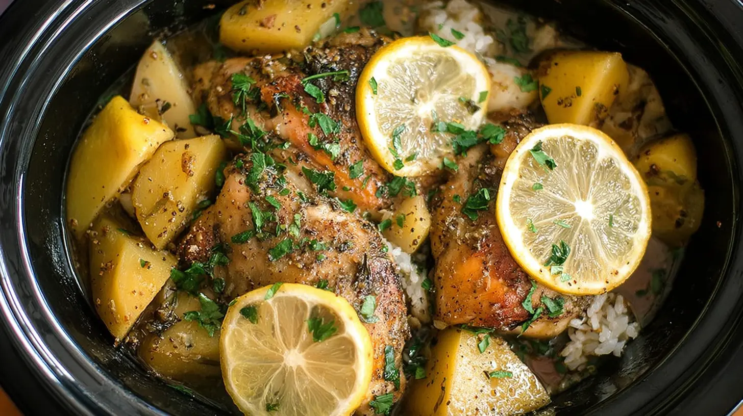 Cooked crockpot lemon chicken in a slow cooker, ready to serve