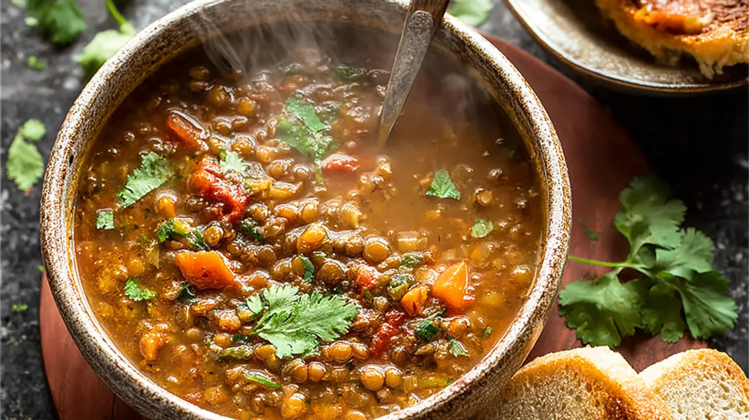 A comforting bowl of Crockpot lentil soup garnished with fresh herbs