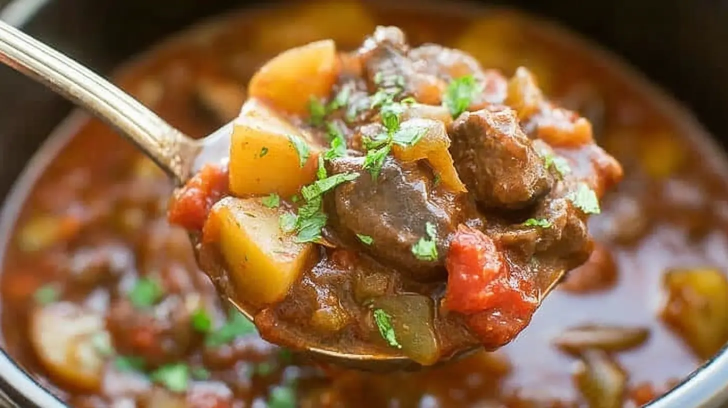 A hearty serving of low-carb beef stew prepared in a crockpot, rich with vegetables.