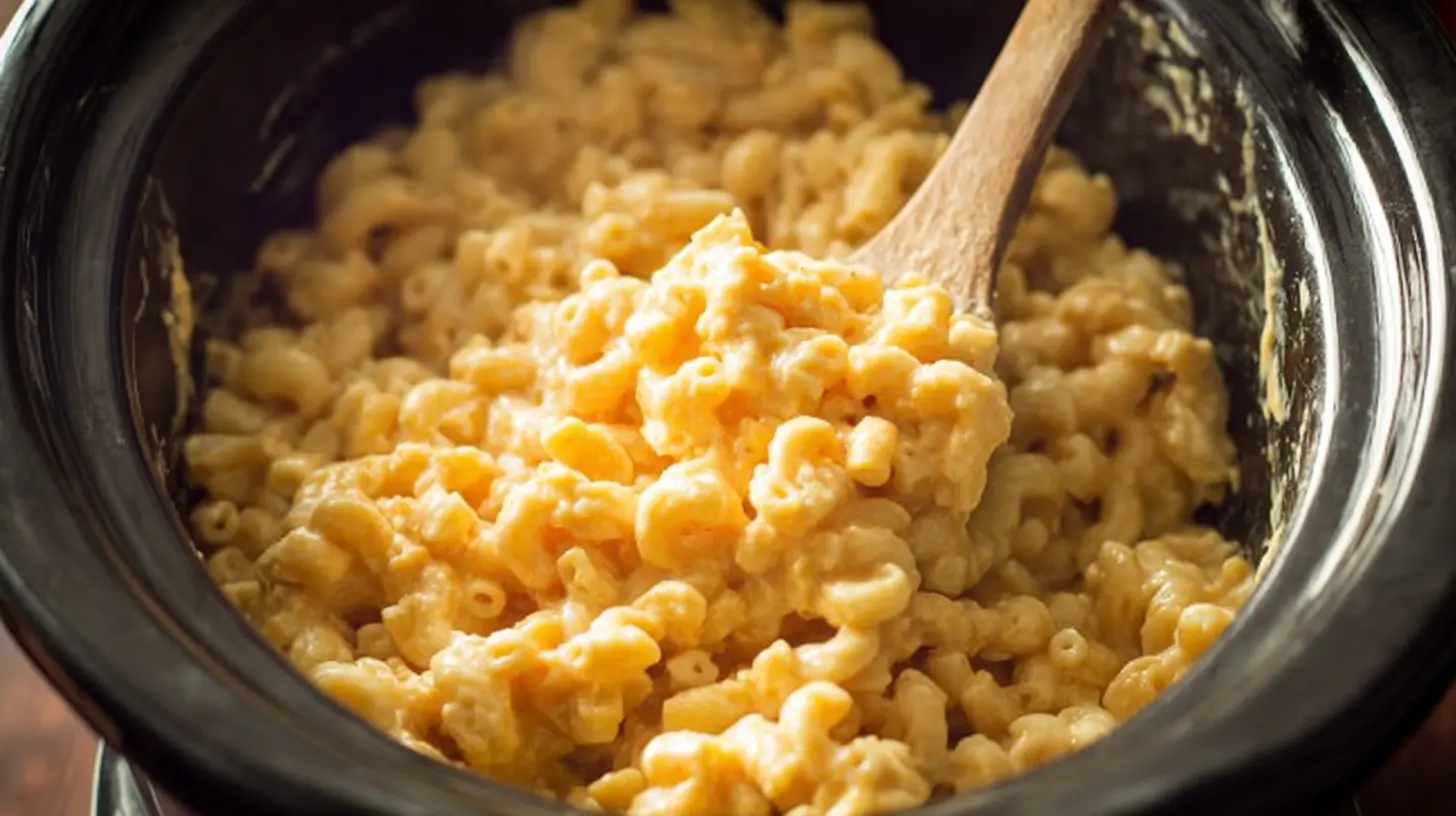 A serving of delicious crockpot mac and cheese, ready to eat.