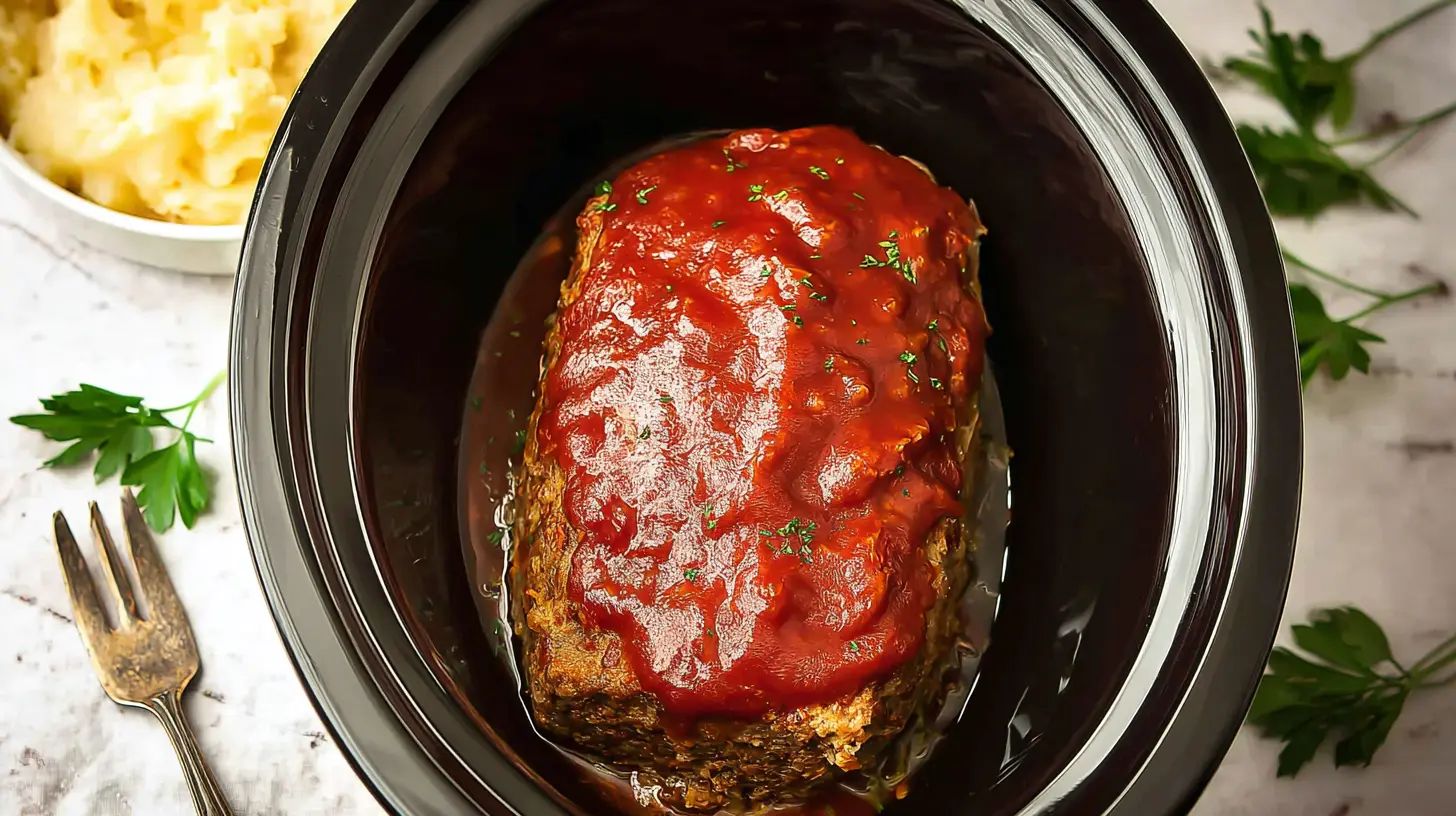 A juicy Crockpot meatloaf, cooked to perfection, sliced and ready to serve.