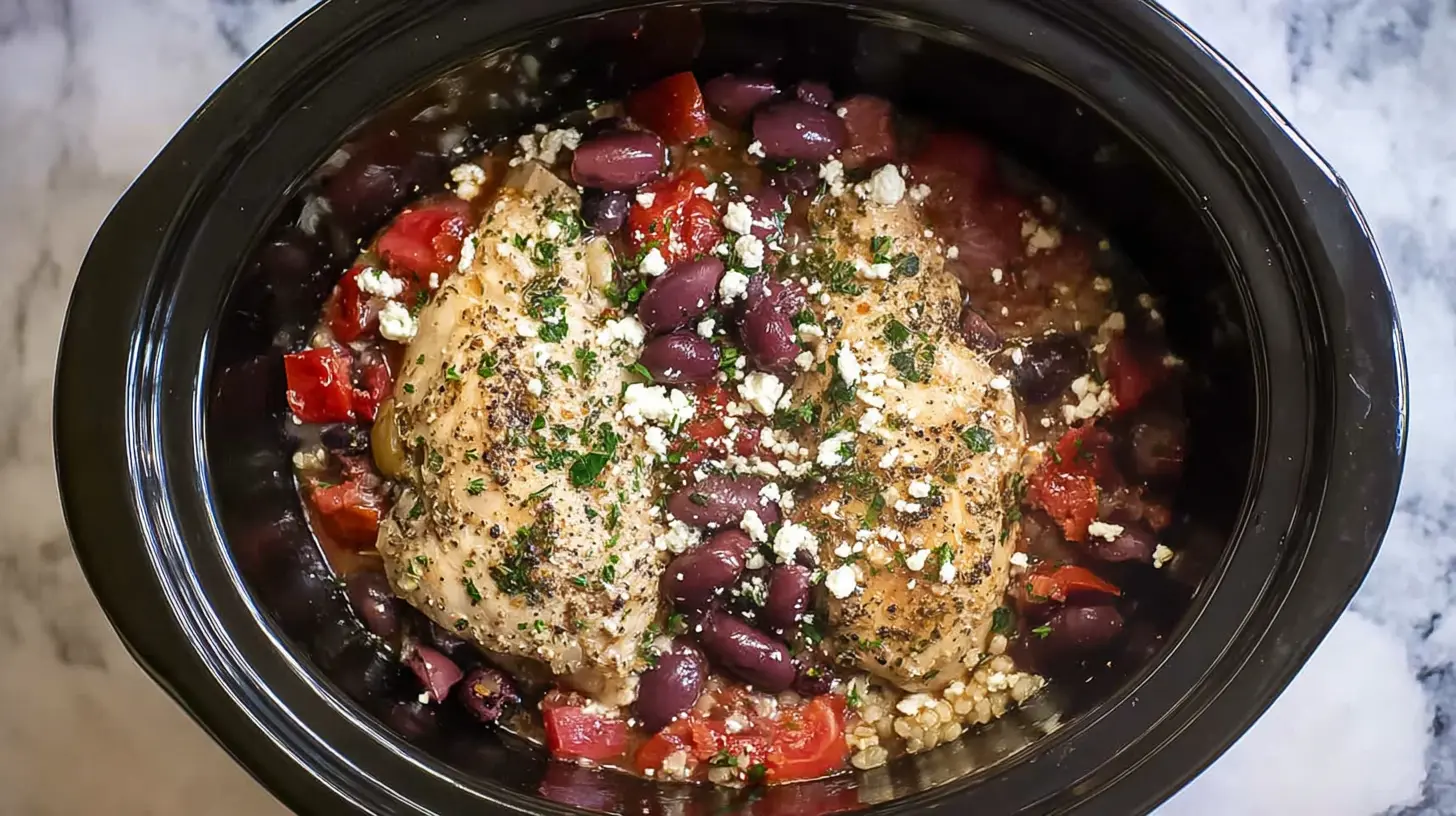 Crockpot full of Mediterranean chicken with olives and colorful vegetables