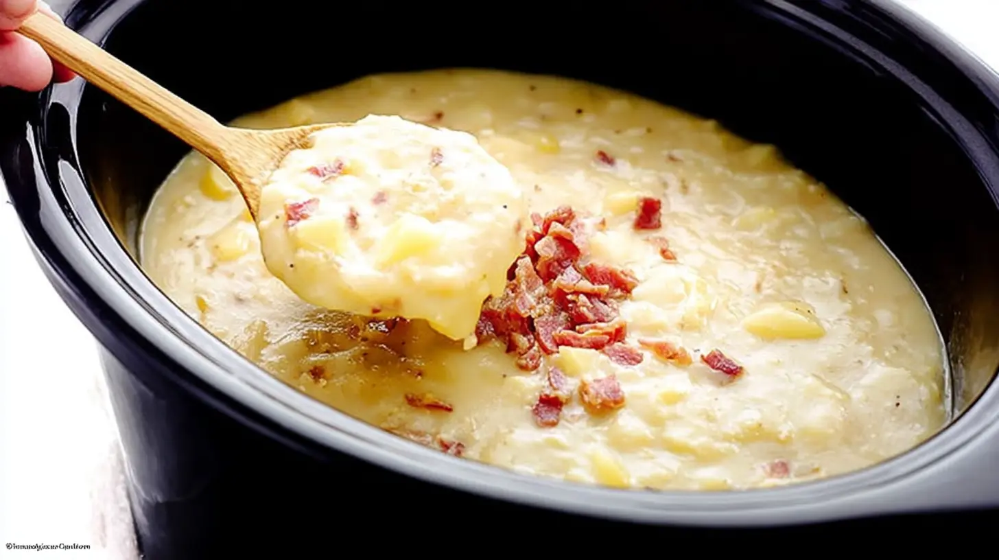 A creamy Crockpot potato soup simmering in a slow cooker.