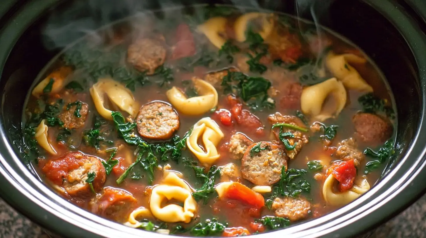 A comforting bowl of Crockpot Sausage and Kale Soup, rich with vegetables and broth.