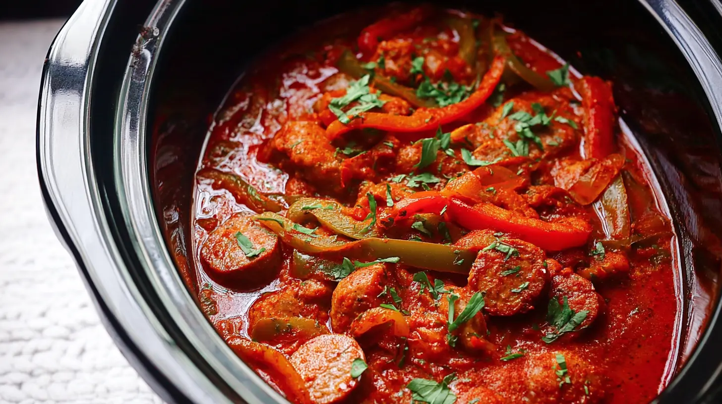 Crockpot sausage and peppers simmering in a slow cooker