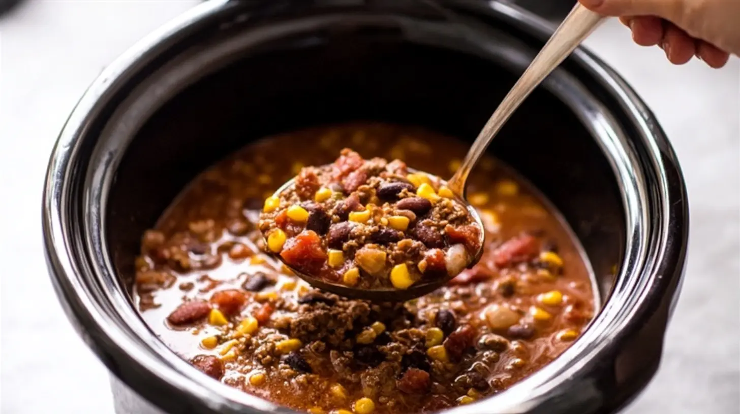 A steaming bowl of Crockpot Taco Soup, richly colored with various ingredients.