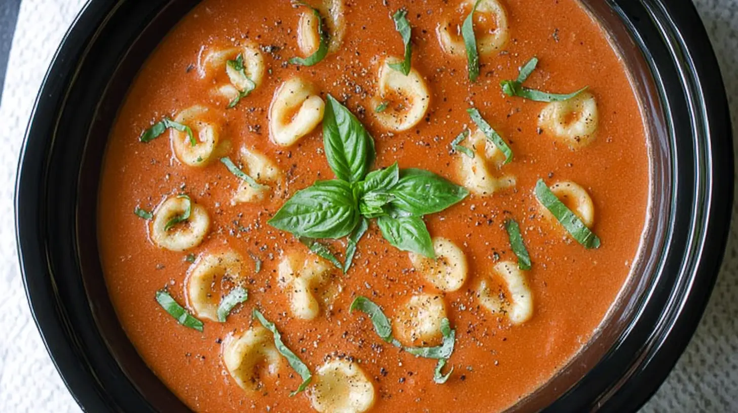 Crockpot Tomato Basil Soup garnished with fresh basil