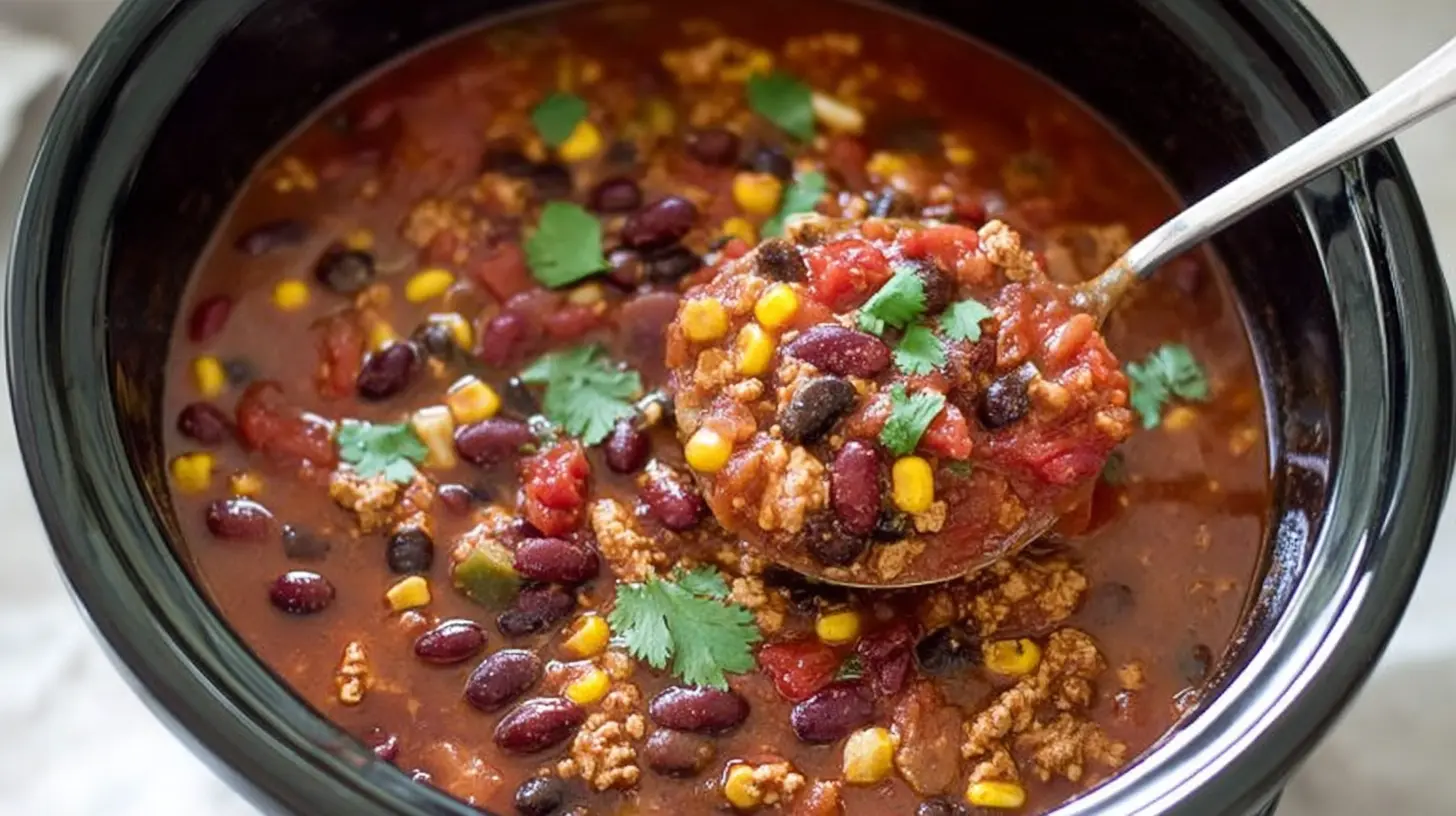 A steaming bowl of Crockpot turkey chili, rich with vegetables and beans.
