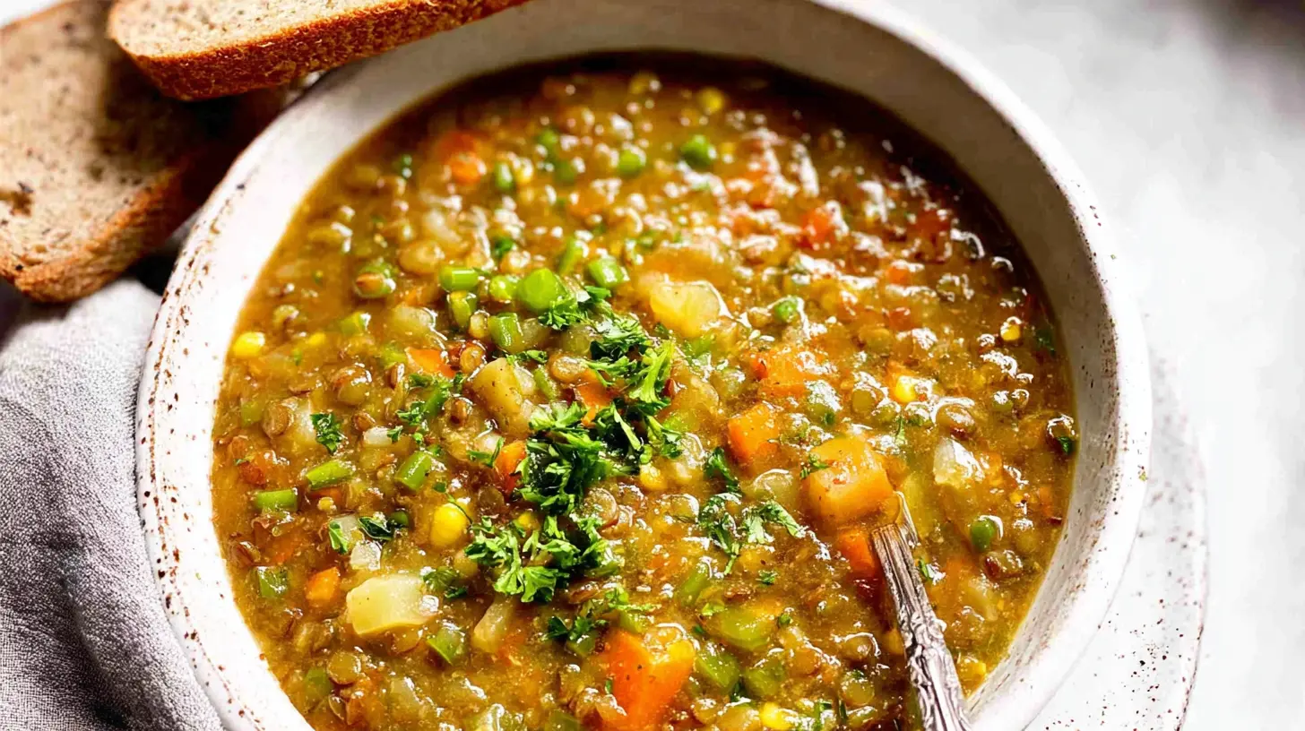 A steaming bowl of Crockpot vegetable lentil stew, freshly made.