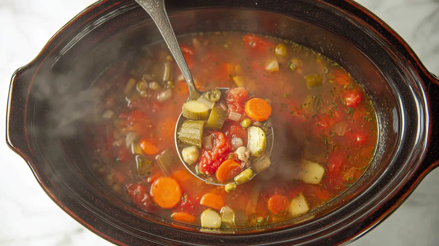 A steaming bowl of Crockpot Vegetable Soup filled with colorful vegetables