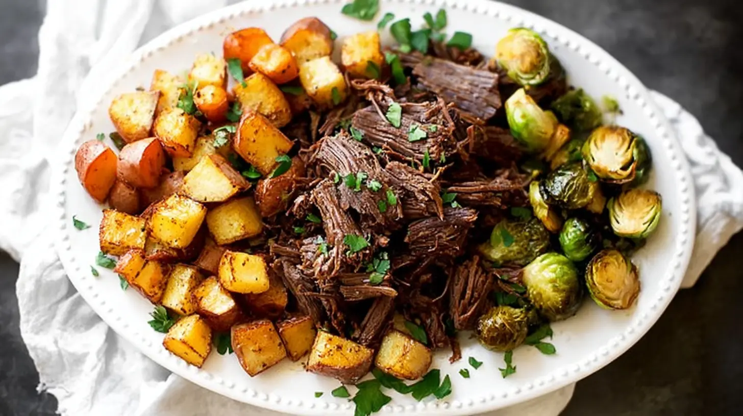 A slow-cooked crockpot Whole30 beef roast with vegetables