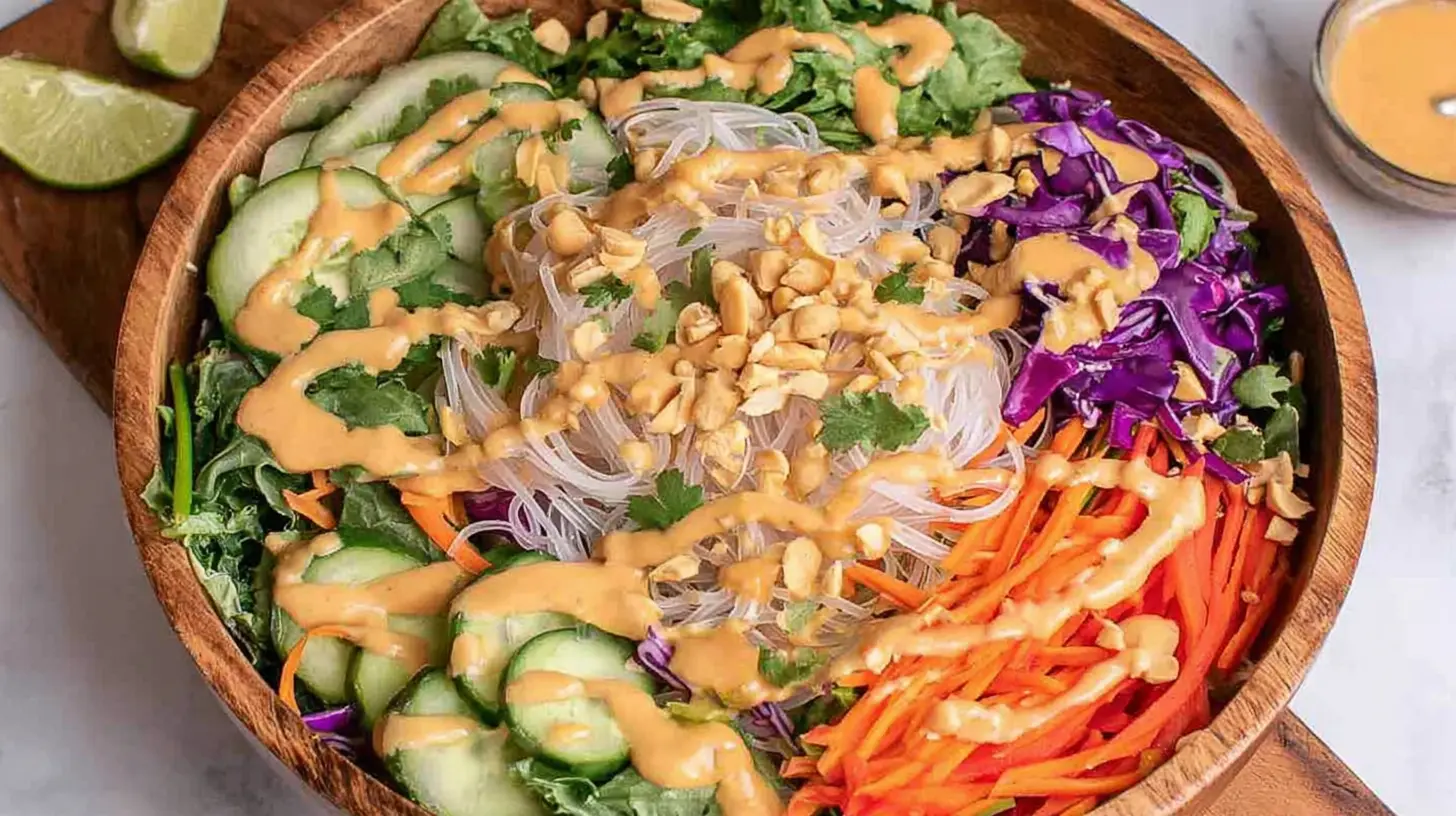 A colorful bowl of fresh spring roll salad drizzled generously with a rich peanut dressing.