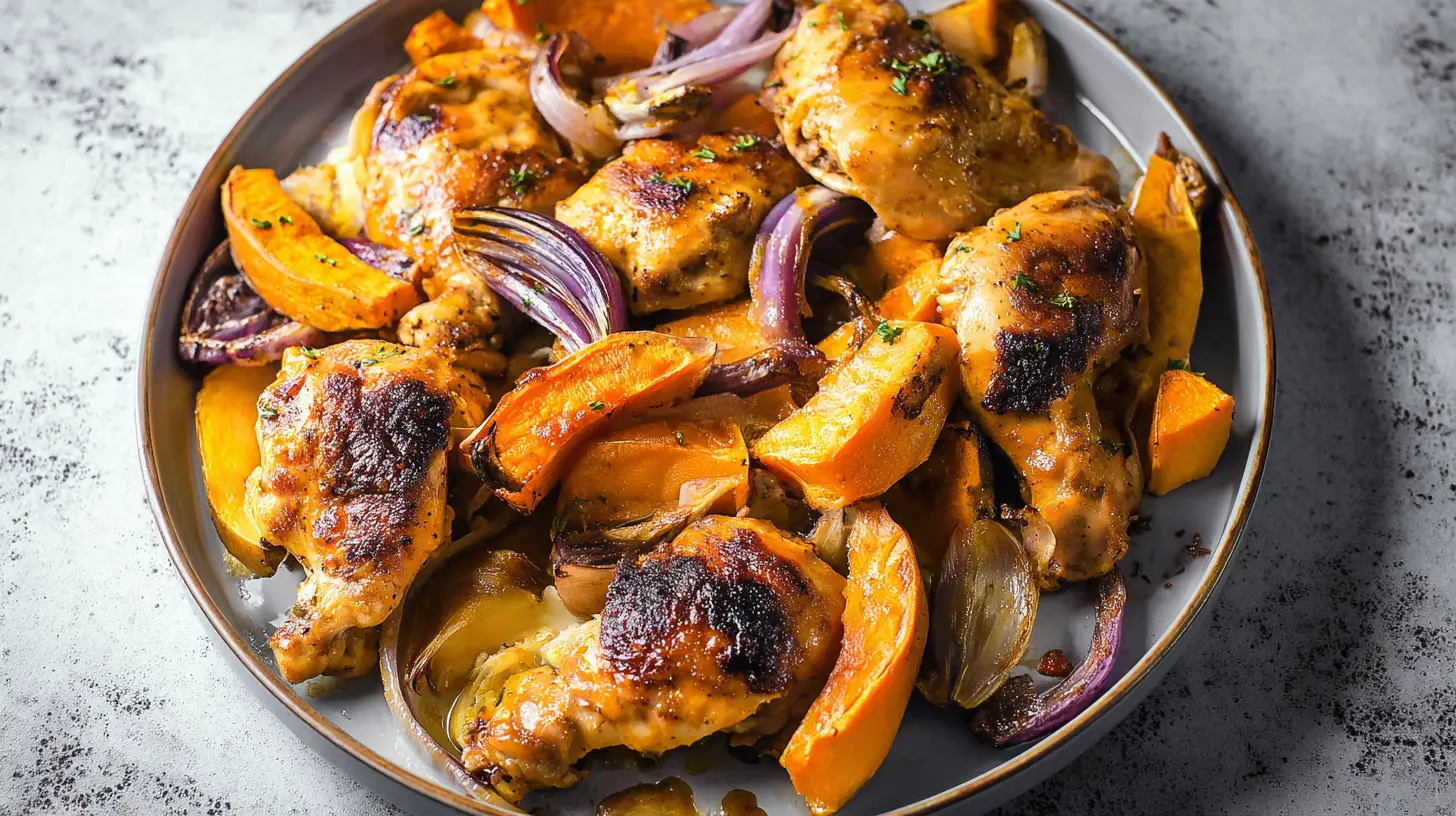 A dump-and-bake BBQ chicken and sweet potatoes tray bake with smoky-sweet sauce, fresh from the oven.