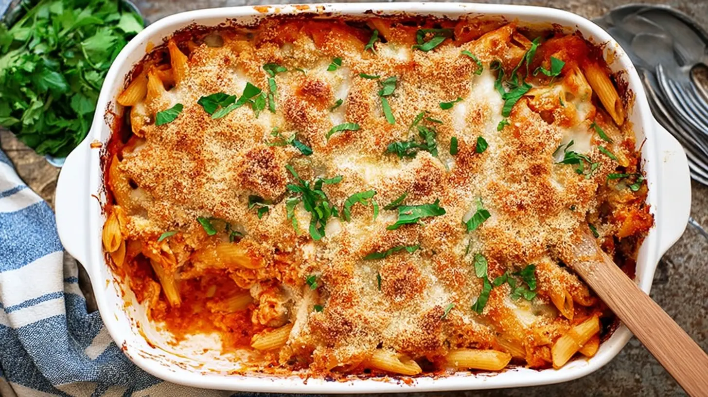 A saucy, cheesy dump-and-bake chicken parmesan pasta casserole, freshly baked.