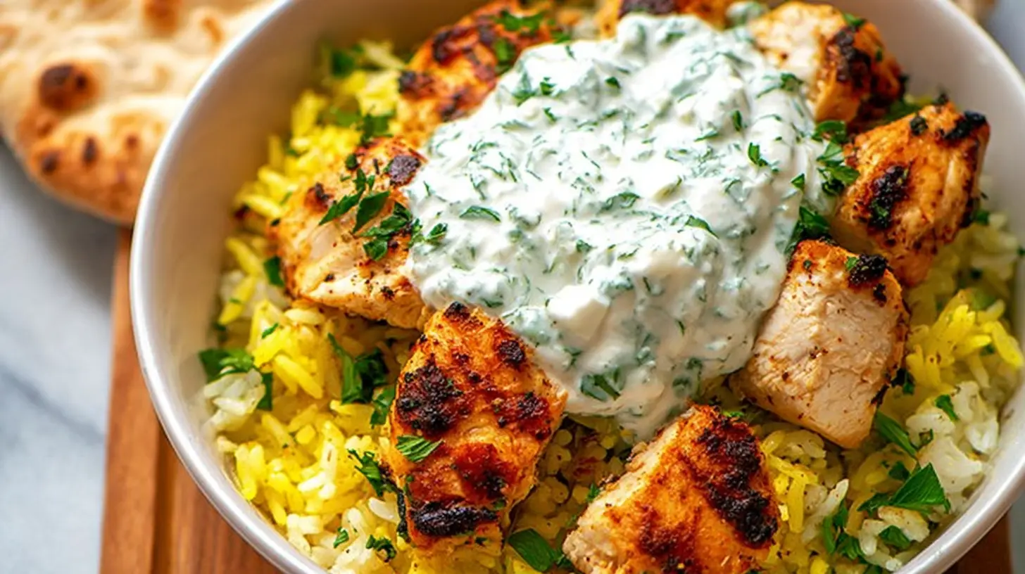 A comforting dump-and-bake chicken tzatziki rice bake with creamy sauce