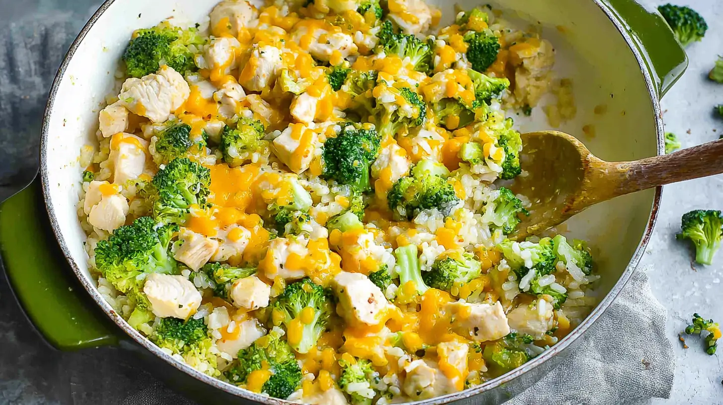 A wholesome dump-and-bake creamy chicken broccoli rice casserole dish ready to eat