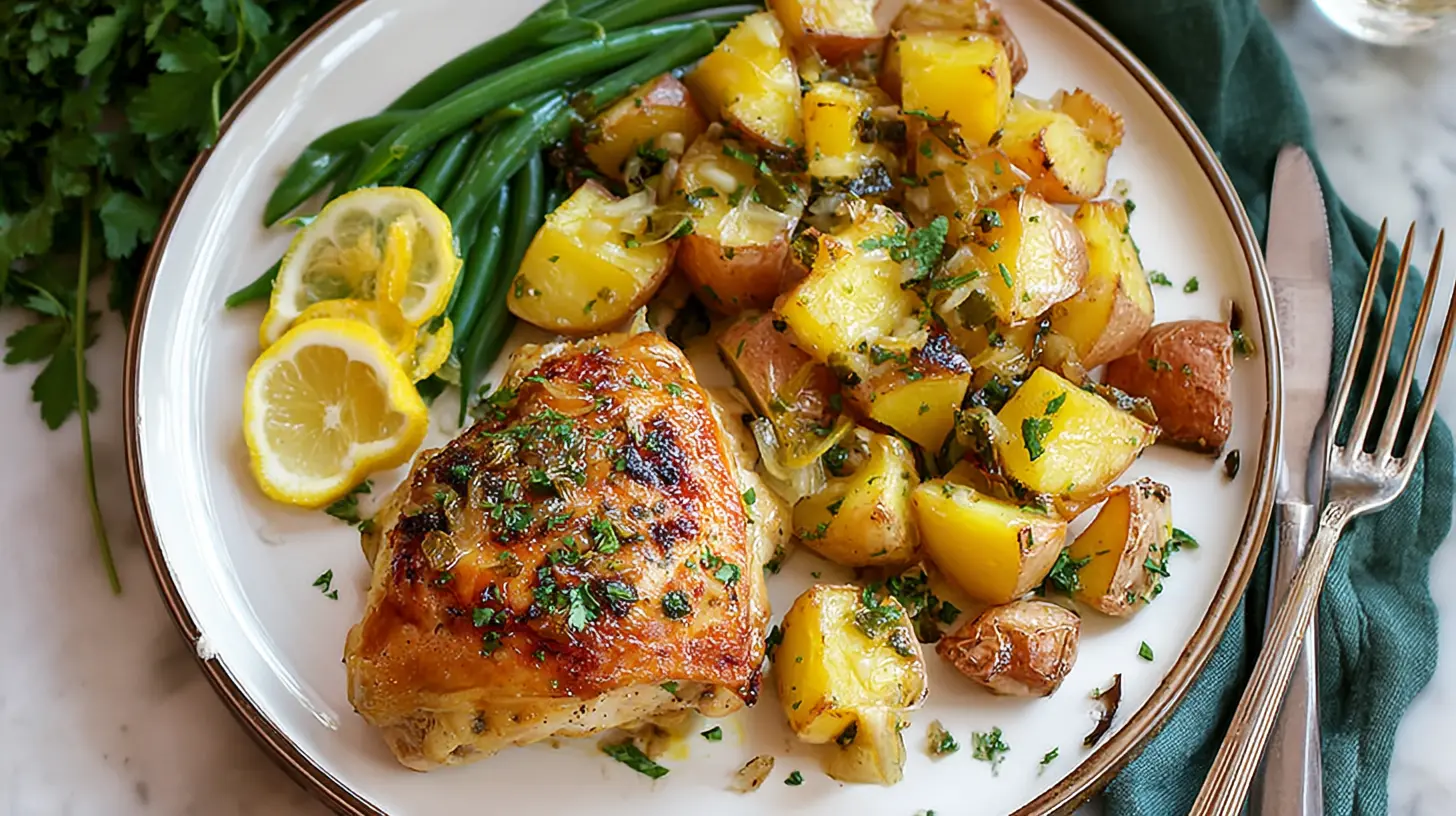 A bright Dump-and-Bake Lemon Garlic Chicken & Potatoes dish, fresh from the oven.