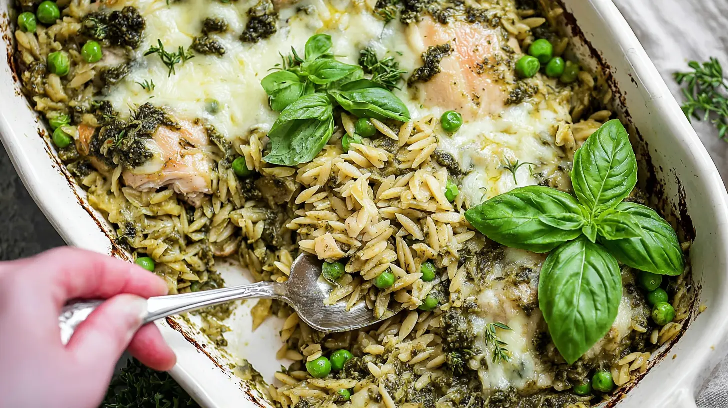A Dump-and-Bake Pesto Chicken Orzo dish, fresh from the oven