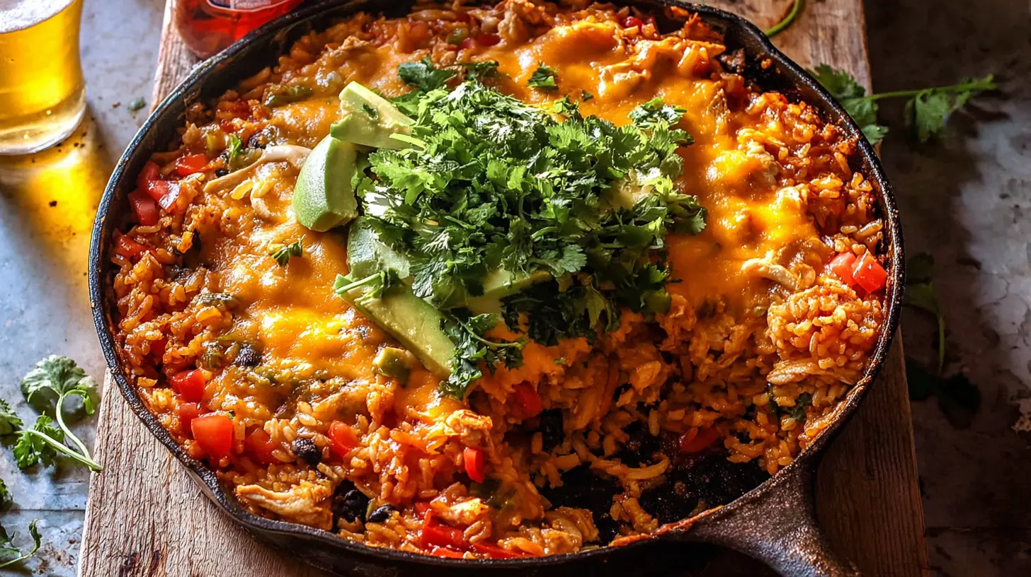 A hot and spicy dump-and-bake salsa chicken rice casserole, bubbling with cheese.