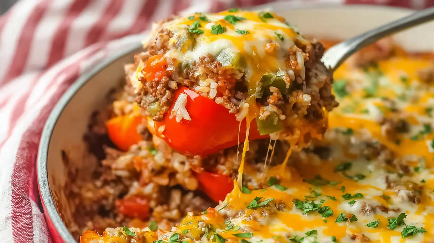 Dump-and-bake stuffed pepper casserole with visible peppers, ground beef, and rice.