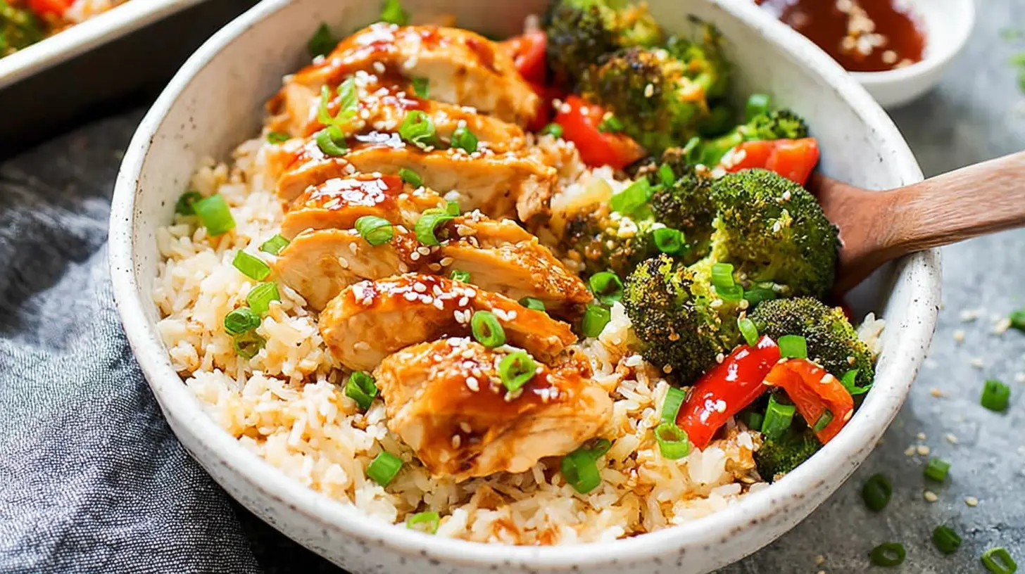 A baking dish filled with Dump-and-Bake Teriyaki Chicken and Rice, cooked to perfection.