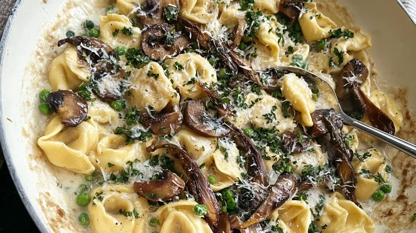 Earthy mushroom cream tortellini in a white bowl with herbs.