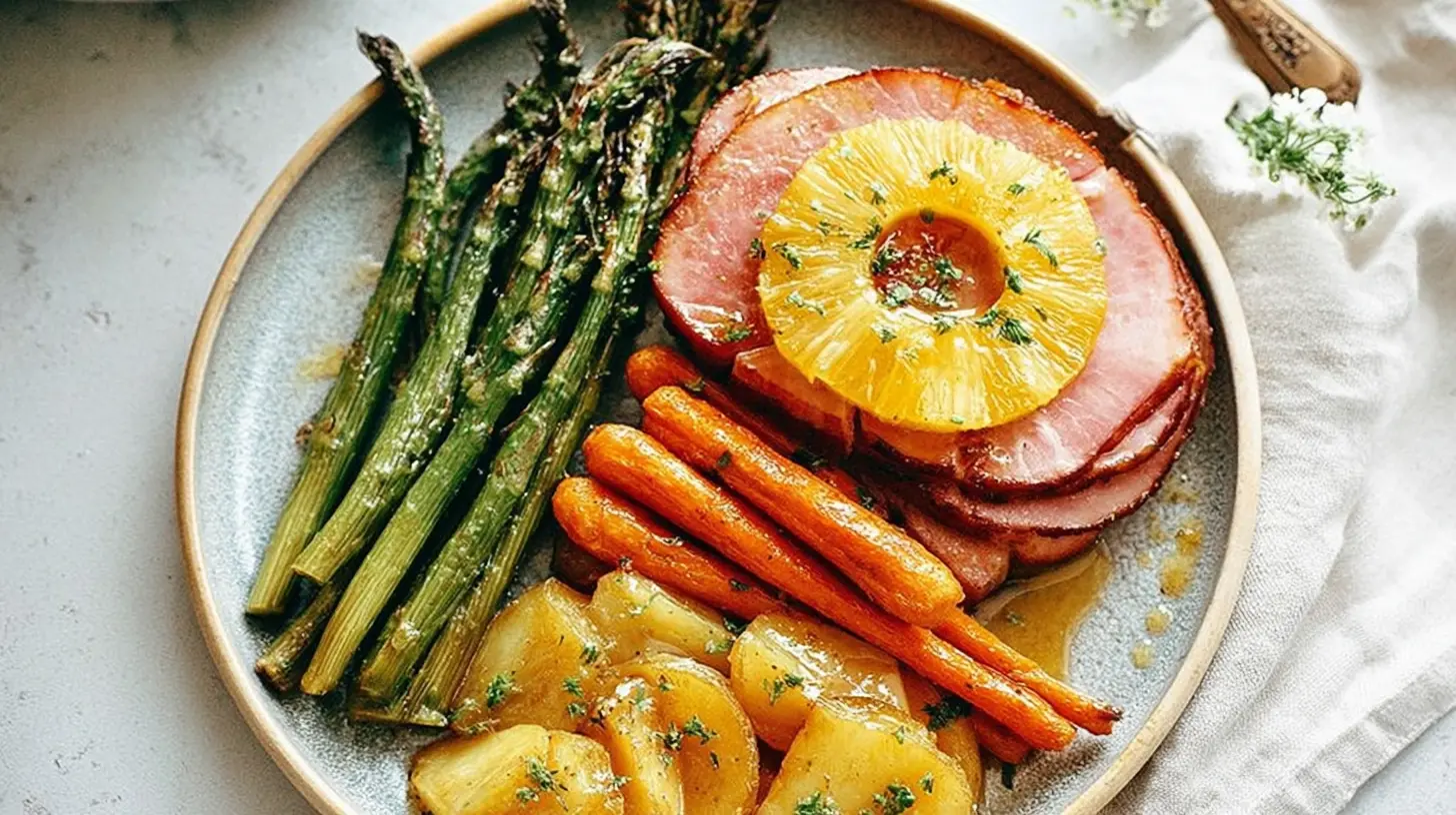 A baked Easter ham dinner recipe presented beautifully on a platter.