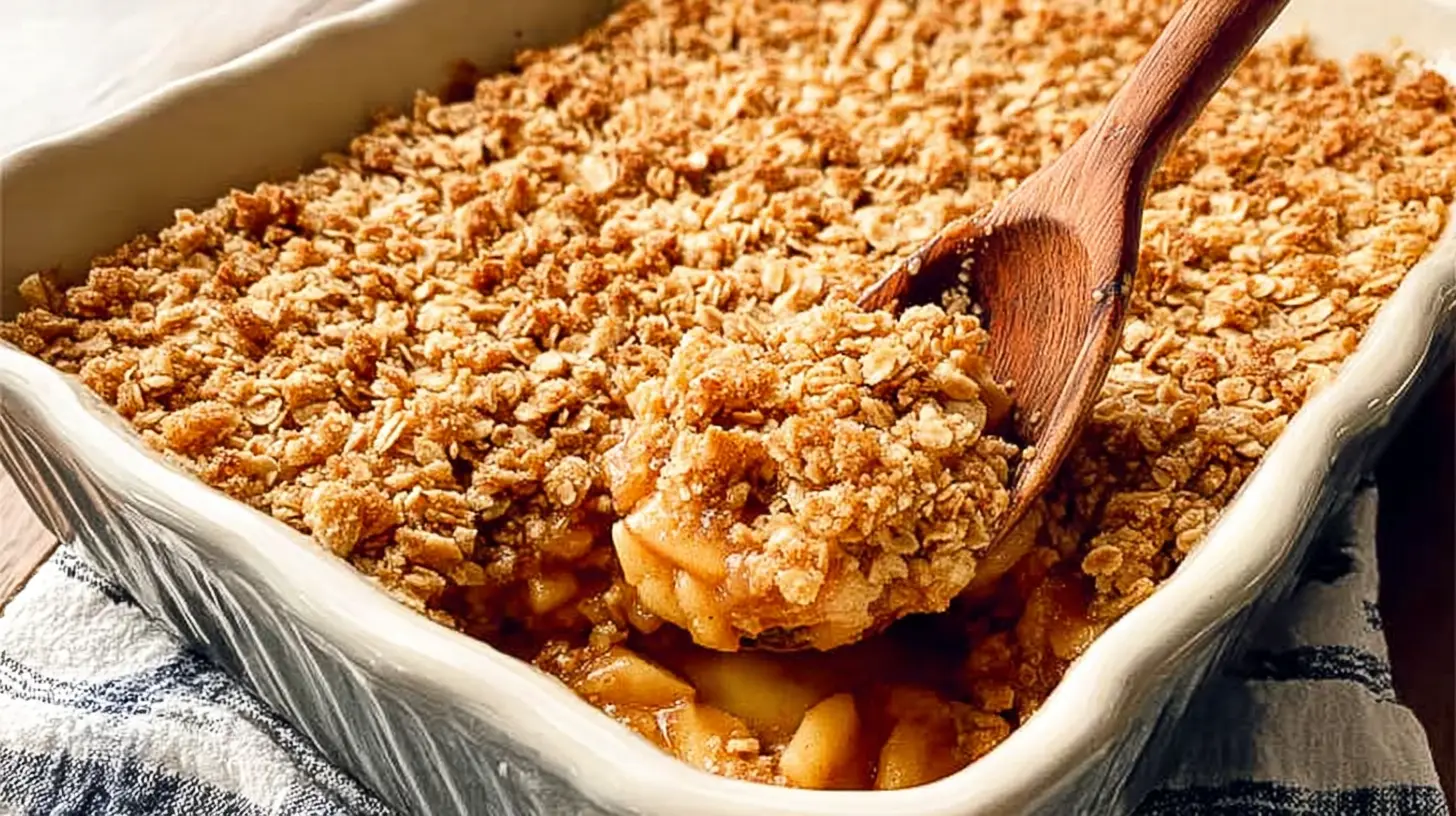 A freshly baked easy apple crisp dessert in a ceramic dish, steam rising.