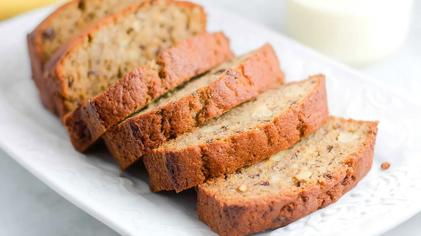 A freshly baked loaf of easy banana bread, golden brown and perfectly sliced.