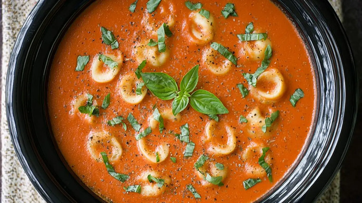 A bowl of slow cooker tomato basil soup with croutons