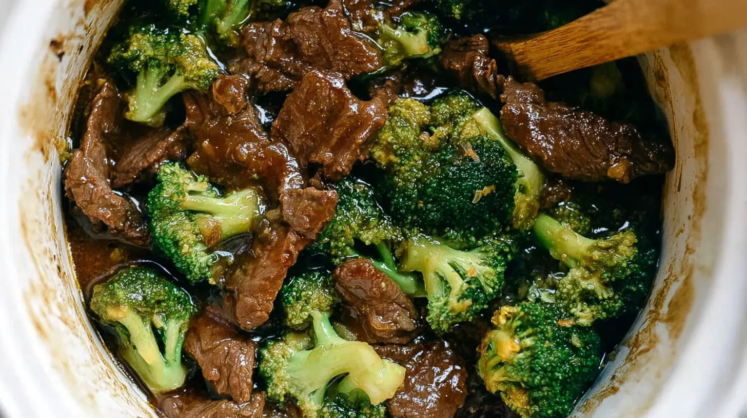 Tender beef and crisp broccoli simmered in a crockpot, showcasing the rich sauce.