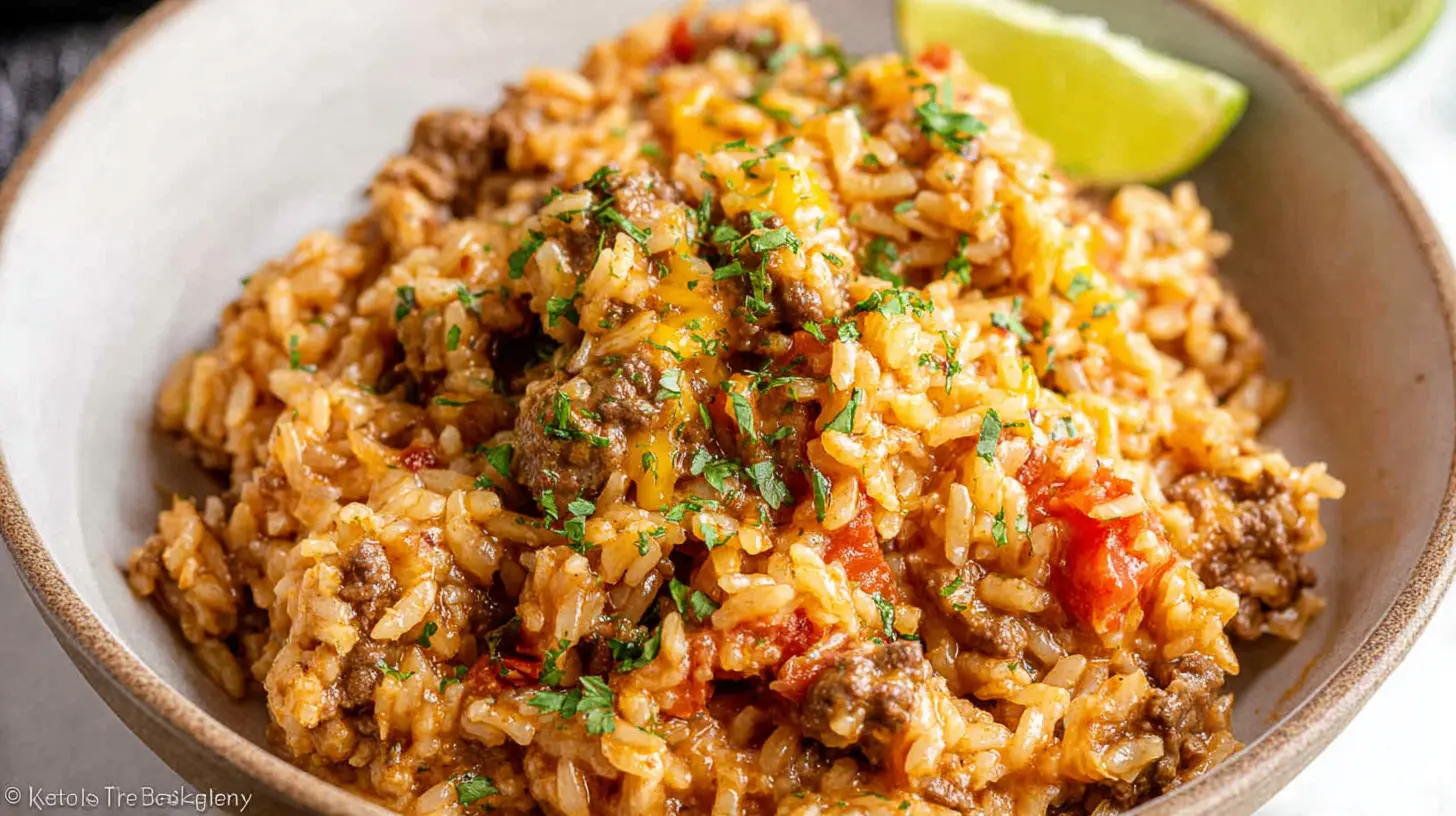 An Easy Beef and Rice Skillet Dinner, cooked in a single pan.