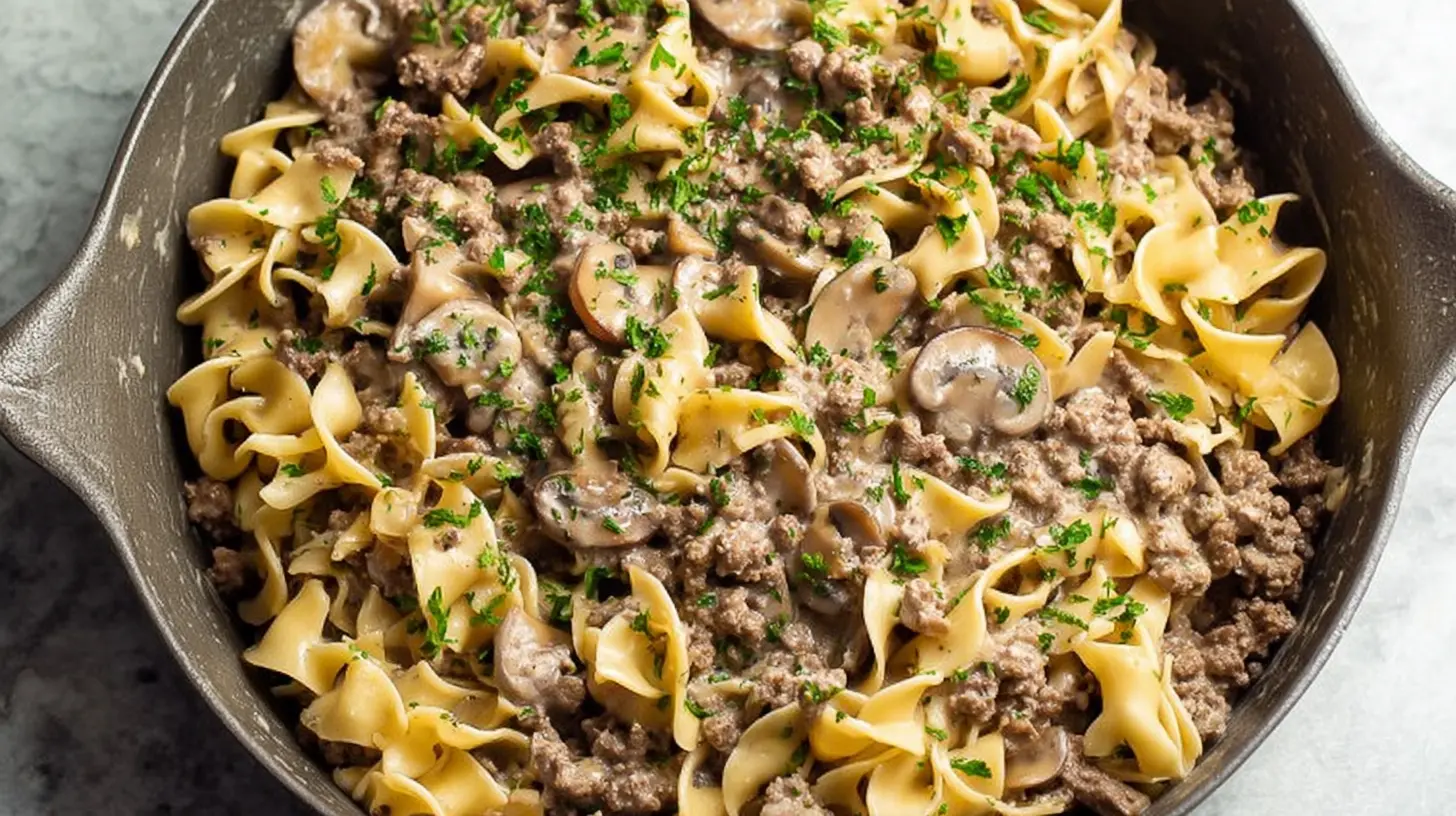 Creamy ground beef stroganoff served over egg noodles.